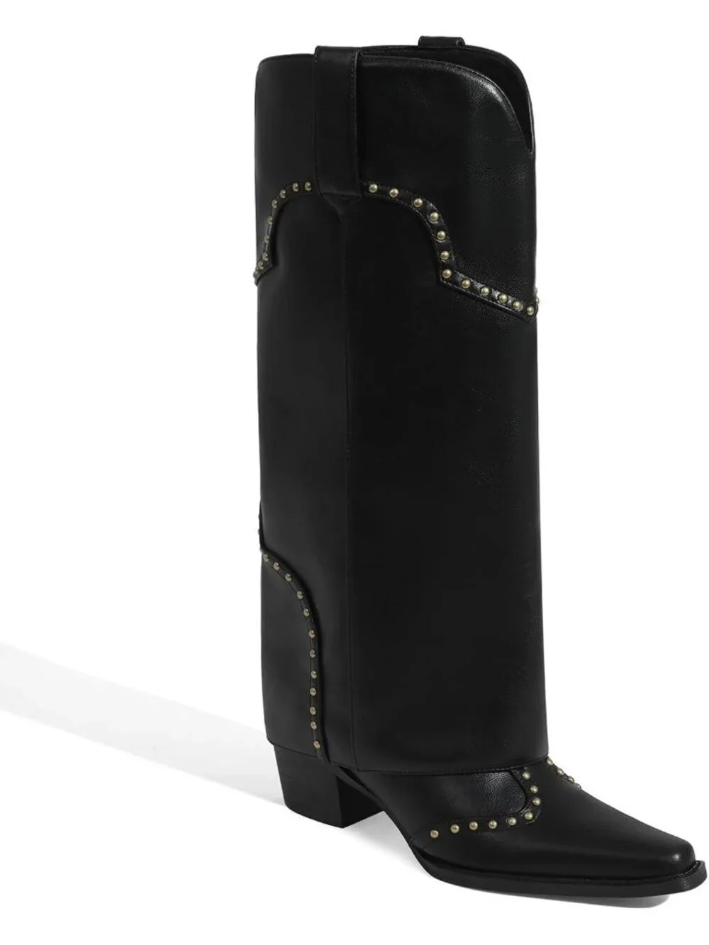 Women's Black Polyurethane (PU) Studded Fold Over Knee High Chunky Heel Boot